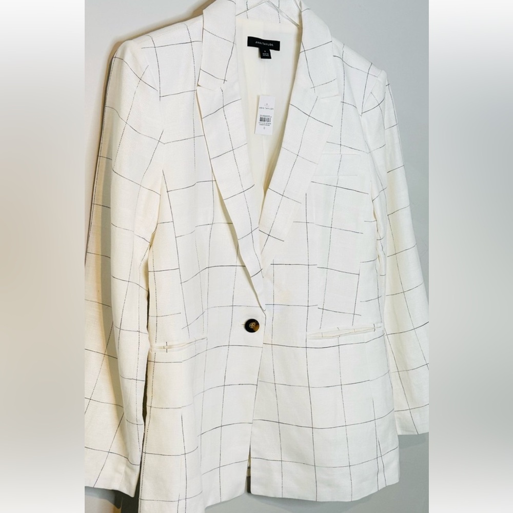Ann Taylor White Black Windowpane Line Cotton Single Button Blazer Jacket NWT